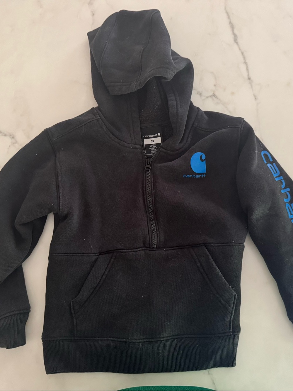Carhartt 3T Kids Black Hoodie with Blue Logo and Sleeve Script